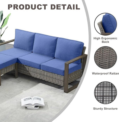 Outdoor Wicker Patio Furniture Set - 6 Piece Patio Conversation Set with 2 Wicker Swivel Rocker Chairs,2 Rattan Ottoman,1 Side Table and 1 Couch,Thick Cushions,Deep Seating(Mixed Grey/Blue)