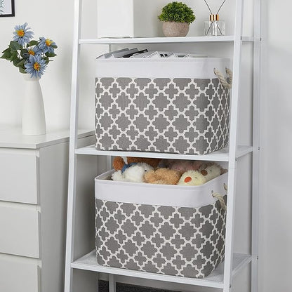 Bidtakay Large Fabric Storage Basket Set of 2 Collapsible Rectangle Basket for Shelves 16" X 11.8" X 11.8" Decorative Organizer Bins for Clothes Toys(White&Quatrefoil Grey)