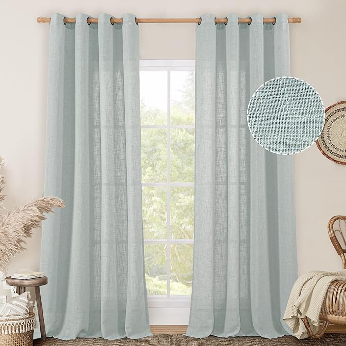LAMIT Greyish Blue Linen Sheer Curtains 84 inch for Bedroom, Linen Textured Light Filtering Drapes Bronze Grommet Boho Panels for Farmhouse/Living Room, 2 Panels, 52 x 84 Inch