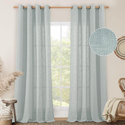 LAMIT Greyish Blue Linen Sheer Curtains 84 inch for Bedroom, Linen Textured Light Filtering Drapes Bronze Grommet Boho Panels for Farmhouse/Living Room, 2 Panels, 52 x 84 Inch