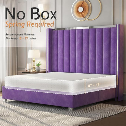 Jocisland Queen Bed Frame with 58" Tall Headboard, Velvet Upholstered Platform Bed with Channel Tufted Wingback Headboard and Plating Trim, No Box Spring Needed, Purple