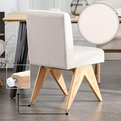 Mid Century Modern Farmhouse Dining Chairs Set of 2, Upholstered Armless Kitchen Chairs with Back and Wooden Legs, Linen Beige