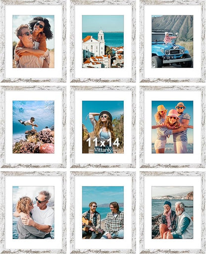 Vittanly 11x14 Picture Frames Set of 9, Shatter Resistant Plexiglass, Display 8x10 Pictures with Mat or 11x14 without Mat, Photo Frames for Wall or Tabletop, Engineered Wood, Distressed White