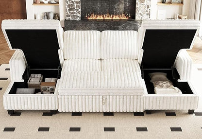 Belffin Modular Sectional Sleeper Sofa with Pull Out Couch Bed Corduroy Double Chaise with Storage White Couch