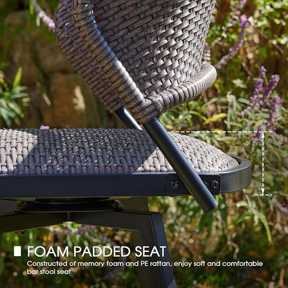 VICLLAX Patio Bar Stool Chairs with Footrests and Padded Seat, Bar Height Swivel Patio Chairs Set of 6, Brown Woven Wicker Swivel Bar Stools for Lawn Garden