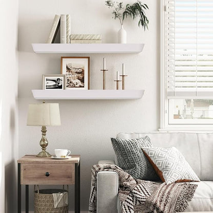 24"x6.8"x1.6" Slanted Floating Wall Shelves 2-Pack - Rustic White Finish, Heavy-Duty Solid Wood Design with Hidden Brackets - Perfect for Living Room, Kitchen, Bathroom, or Office