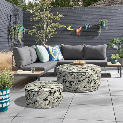 Inflatable Ottoman Stool D31 xH14 for Outdoor/Indoor Use, Water Repellent Patio Foot Rest Stool with Portable Handle,Round Pouf Ottoman Suitable for Garden,Deck and Camping - Paisley Black