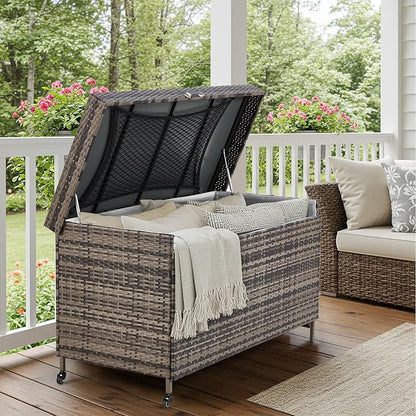 HOMREST Large Deck Box, Outdoor Wicker Storage Container with 240 Gallon, Patio Rattan Furniture for Garden Tools, Pillows, Pool, Brown
