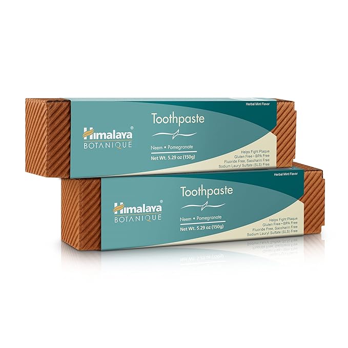 Himalaya Botanique Original Neem & Pomegranate Botanical Toothpaste, Fights Plaque, Brightens Teeth, Fluoride Free, No Artificial Flavors, SLS Free, Cruelty Free, Foaming, Mint Flavor, 5.29 Oz, 2 Pack