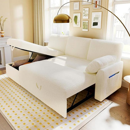 VanAcc Sofa Bed, Sleeper Sofa- 2 in 1 Pull Out Couch Bed with Storage Chaise for Living Room, White Sherpa 84in x 59in x 39in