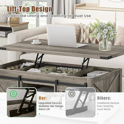 48" Farmhouse Lift Top Coffee Table with Storage Sliding Barn Door & Large Hidden Compartment, Coffee Table with Lifting Top with Wooden Lift Tabletop, Coffee Tables for Living Room, Grey