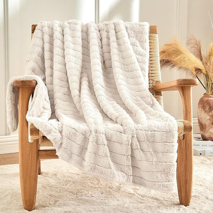 BEDELITE Faux Fur Throw Blanket for Couch, Soft and Cozy 3D Ribbed Fluffy Blanket, Thick Warm Plush Fuzzy Faux Rabbit Fur Blanket for Women Gift (Beige, 60"x 80")
