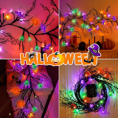[8 Modes & Timer] 6 Ft Halloween Willow Vine Twig Decor Garland with Bats Pumpkins Spiders Lights, 54 LED Battery Operated Halloween Lights for Indoor Home Mantle Fireplace Decor