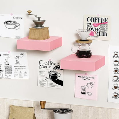 BAMEOS Pink Floating Shelves for Wall, 6" x 6" Wall Shelves for Room, Floating Book Shelves, Hanging Shelves for Bedroom, Bedroom, Living Room, Kitchen (Set of 2)