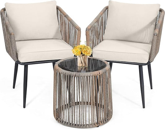 Kromax 3 Pieces Patio Rattan Bistro Conversation Set, Outdoor All-Weather Wicker Furniture Chairs and Side Table Set Ideal for Balcony, Porch and Backyard, Beige