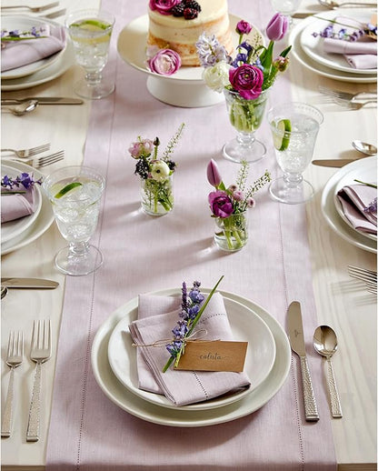 Solino Home Linen Lilac Table Runner 120 Inches Long - 100% Pure Linen Hemstitch 14 x 120 Inch Table Runner for Dining - Classic Hemstitch