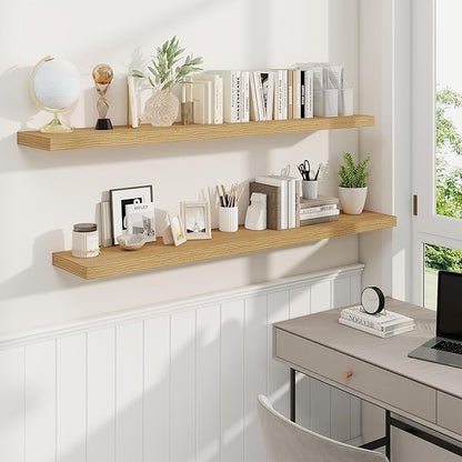 Fun Memories 55 Inch Fireplace Mantel Shelf -Long Floating Shelves, Deep Wall Mounted Farmhouse Display Shelves with Invisible Heavy Duty Metal Bracket, Oak, 2 Pack