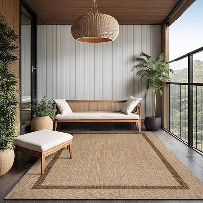 Bordered Outdoor Rug 10x14 Washable Outside Carpet for Indoor Patio Porch Waterproof Easy Cleaning Non Shedding Area Rugs Jute Beige - Nut Brown 10 x 14