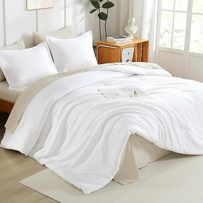Litanika White Oversized King Comforters Super King Size, 3 Pieces Lightweight Solid Bedding Comforter Set, All Season Fluffy Bed Set (120x120In Comforter & 2 Pillowcases)