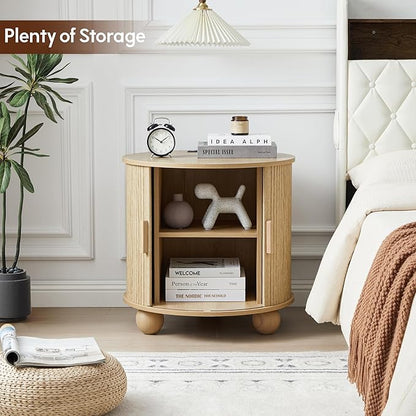 Farmhouse Round End Table with Charging Station, 24" Large Fluted Sofa Side Table with Sliding Tambour Door & Storage, Mid-Century Wood Nightstand for Living Room, Bedroom (Natural)
