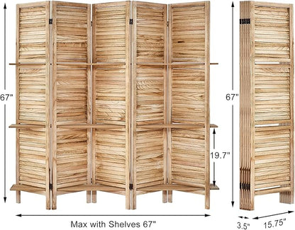 Room Divider with Shelves, Privacy Screen, Room Dividers and Folding Privacy Screens, 5 Panel Wood Temporary Wall Partition Separation Separator, Natural