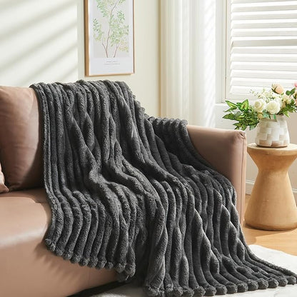 NEWCOSPLAY Super Soft Throw Blanket Grey Premium Silky Flannel Fleece 3D Ribbed Jacquard Lightweight Bed Blanket All Season Use (Grey Ribbed, Throw(50"x60"))