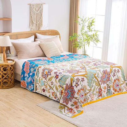 Boho Throw Blanket for Bed, 100% Cotton Soft Rustic Quilt Fall Blanket, 60"x80" Floral Printed Farmhouse Decor Bed Blankets, All Season Rustic Reversible Bohemian Throw Quilt