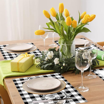 Love Family Placemats Set of 6 Buffalo Plaid Plastic Table Mats Black and White Plaid Place Mats Washable Vinyl Love Home Checkered Table Decoration for Indoor Outdoor Party Kitchen Dining