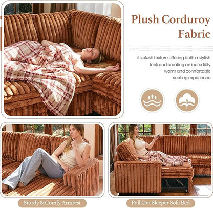 Belffin Modular Sectional Sleeper Sofa with Pull Out Couch Bed Corduroy Double Chaise with Storage Brick Red Couch