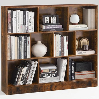 LEYAOYAO 10 Cube Bookshelf with Base,3 Tier Mid-Century Modern Grey Bookcase,Standing Wide Bookshelves Storage Organizer Shelf,Rustic Wood Display Cabinet Book Shelves for Bedroom,Living Room,Office