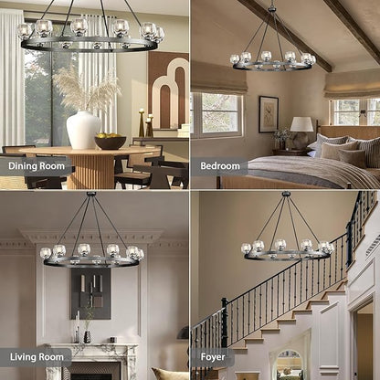 Black Wagon Wheel Chandelier, 48 Inch Black Chandeliers with Unique Glass Shade, 12-Light Crystal Large Wagon Wheel Chandeliers for Dining Room, High Ceiling Round Chandelier for Living Room, Foyer
