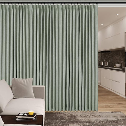 100" W x 96" L Faux Linen Room Divider Curtains, Full Blackout Pinch Pleated Drapes for Traverse Rod, Bedroom Divider Privacy Drapery with Hooks for Ceiling Track, 1 Panel, Fog Green