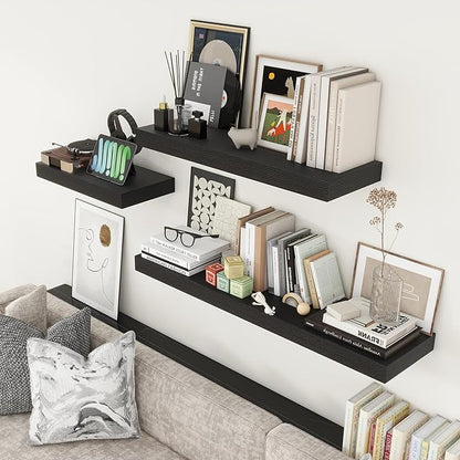12'' Deep Floating Shelves, 48 Inch Large Floating Shelf Black, Deep Wall Shelves for Living Room Bathroom Laundry Room Bedroom Kitchen Home Office - Black
