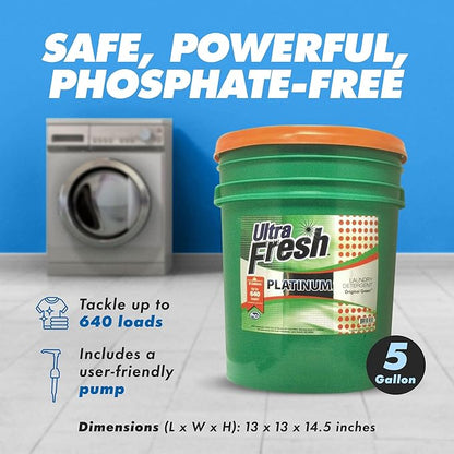 Ultra Fresh 5 Gallon Liquid Laundry Detergent Washing Soap for All Machine Types, 3X Platinum, Up to 640 Loads, Original Green
