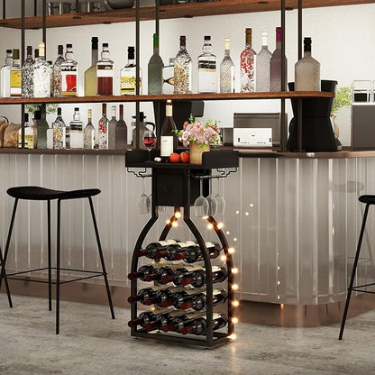 IBUYKE Wine Rack Freestanding Floor,Wine Storage 15 Bottles Bottle Rack with Glass Holders, Mini Bar Wine Cabinet with Storage Drawer for Home Bar Kitchen Dining Room,Black,UTMJ908B