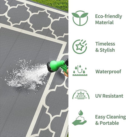 GENIMO 6' x 9' Outdoor Rug Waterproof for Patio Decor, Foldable Reversible Plastic Straw Area Rugs Mat for Camper, Outside Carpet for Rv, Deck, Porch, Picnic, Beach, Balcony, Grey & Beige White