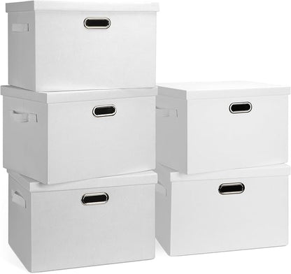 Large 17" 36 Quart Collapsible Stackable Storage Bins with Lids, 5 Packs White Linen Fabric Closet Boxes with Lids, Storage Cube Baskets Container Organizers for Bedroom Office(17 x12 x11)