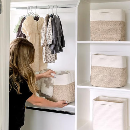 NaturalCozy Storage Cubes 11 Inch Cotton Rope Woven Baskets for Organizing, 3-Pack | Cube Bin Square Shelves Organizer, Classroom, Kids Toy Bins, Closet, Baby Nursery