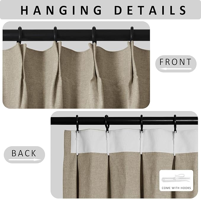 Macochico 120”Wx102”L 100% Blackout Linen Curtains Pinch Pleated Thermal Panels for Sliding Door Bedroom Living Room Farmhouse Shabby Chic Light Khaki Burlap Curtains with Tieback 1 Panel