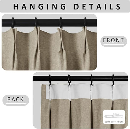 Macochico 120”Wx102”L 100% Blackout Linen Curtains Pinch Pleated Thermal Panels for Sliding Door Bedroom Living Room Farmhouse Shabby Chic Light Khaki Burlap Curtains with Tieback 1 Panel