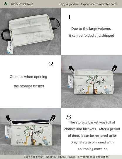Rectangular Folding Laundry Basket,waterproof Canvas Basket,gift basket,Suitable for children's room,Office,Clothes,Toys Storage(Tree Animals)