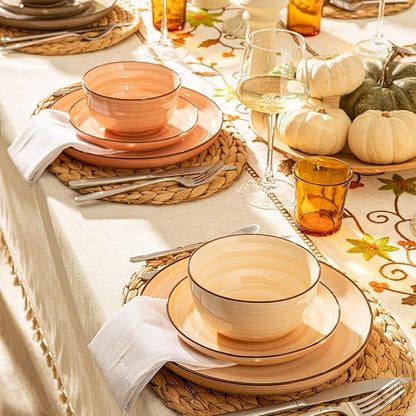 Sweese Plates and Bowls Sets, 18 Piece Dinnerware Set Porcelain Round Dinner Set for 6, Scratch Resistant Dishes Set, Dishwasher and Oven Microwave Safe Handpainted Swirl Dishware Sets, Neutral