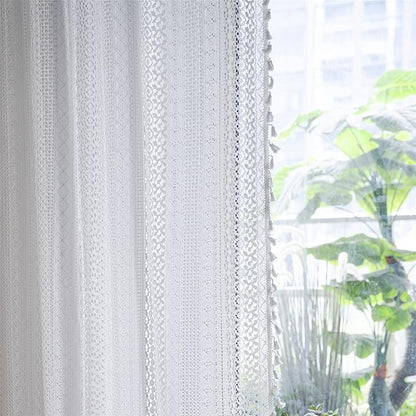 Sutuo Home White Crochet Boho Curtains 63 Inches Length, Sheer Lace Handmade Tassels Knitted Window Treatment Vintage Rustic Bohemian Farmhouse Drape for Bedroom Rod Pocket 1 Panel 59" W x 63" L
