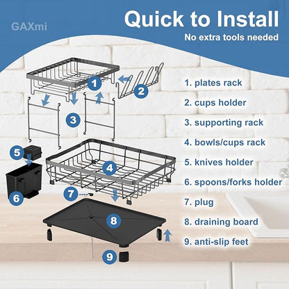 GAXmi Dish Drying Rack Over The Sink Drainer with Drainboard Utensil Holder Cup Holder, 2-Tier White