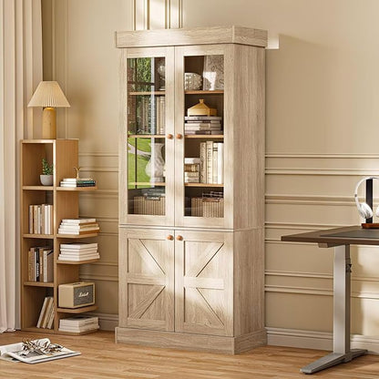Vyre 71" Tall Farmhouse Bookshelves with Glass Doors, Large Modular Bookcase with Adjustable Shelves, Storage Cabinet for Living Room, Kitchen, Home Office, Brown