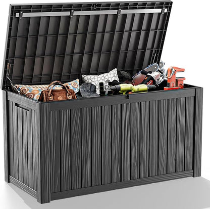 150 Gallon Outdoor Deck Box,Storage Lockable Waterproof Patio Furniture,Garden Tools,Cushions,Pool Accessories Outside Storage Resin Box(Black)