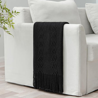 MIULEE Black Knitted Throw Blanket for Couch Textured Knit Blanket with Tassels Cozy Woven Boho Bed Blanket for Sofa Bed Chair Acrylic Wave Pattern 50"x60"