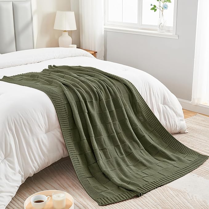CozeCube Check Knit Throw Blanket, Olive Green Checkered Throw for Couch, Decorative Christmas Soft Cozy Warm Knitted Blanket for Bed Sofa Living Room, 60"X80"
