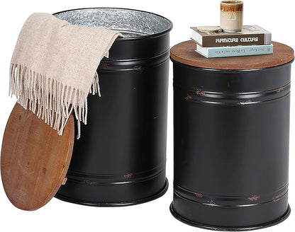 Rustic Storage Ottoman Seat Stool, Farmhouse Accent Side Table, Antique Galvanized Metal End Table Box Bin with Round Wooden Lid Set of 2 (Black)