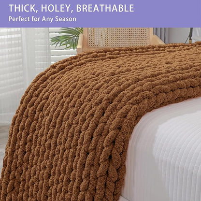 Bigacogo Chunky Knit Throw Blanket for Couch, 40x80 inches, 100% Hand Knitted with Thick Jumbo Chenille Yarn, Cozy Soft Large Rope Knot Cable Crochet Blankets for Sofa Bed Living Room, Caramel
